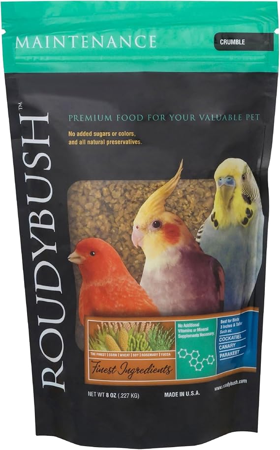 RoudyBush Daily Maintenance Food for Birds, Bird Food with Corn, Wheat & Soy, Complete Daily Feed for Parakeets, Cockatiels, Conures, Lovebirds & Other Small Medium Species, Crumble Pellets, 8 OZ