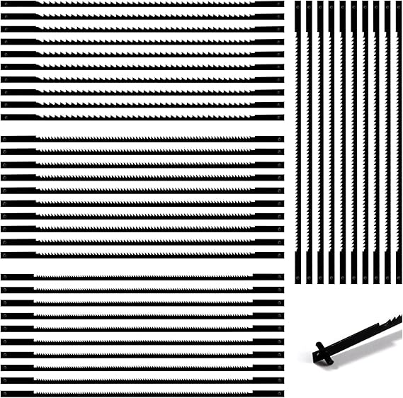 VooGenzek 40 PCS Scroll Saw Blades Set, 10/15/18/24 Teeth Carbon Steel Coping Saw Blade, Pinned Scroll Saw Blade, for Sawing Wood, Plastic, Foam, Soft Metals, 10 Pieces of Each Size