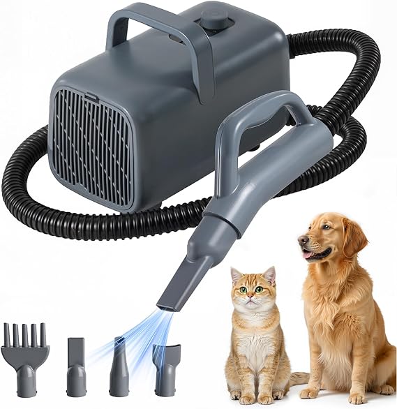 Dog Hair Dryer for Grooming, 1550W High Velocity, Grey | Low Noise Pet Dryer for Cats, Pet Blow with Heater for Grooming, Dogs Other Animals Hair Trimmer