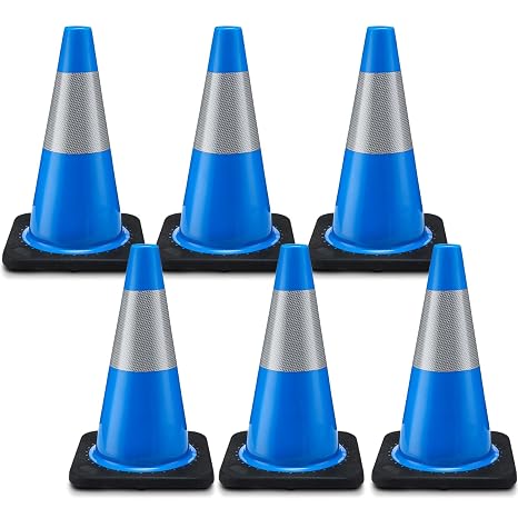 6 Pack Traffic Safety Cones 18 Inch Plastic PVC Blue Traffic Cones with Black Base and Reflective Collars for Street Hazards, Training, Road Construction, Parking Lot