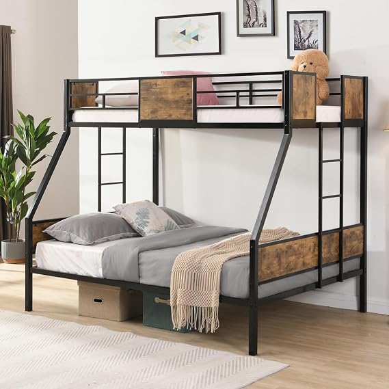 Twin Over Full Metal Bunk Bed with 2 Side Ladders, Heavy Duty Twin Over Double Bunk Bed with Full-Length Guardrails, Space-Saving Bed Frame, No Box Spring Needed