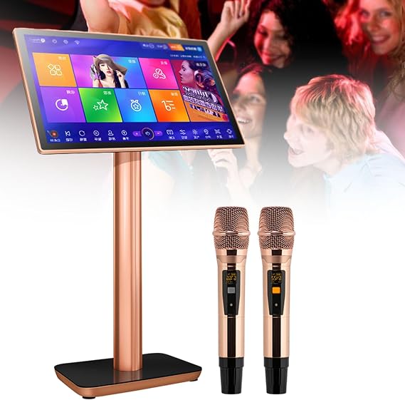Professional Karaoke Machine with Large Touch Screen and Wireless Microphones for Home Entertainment and Party Singing