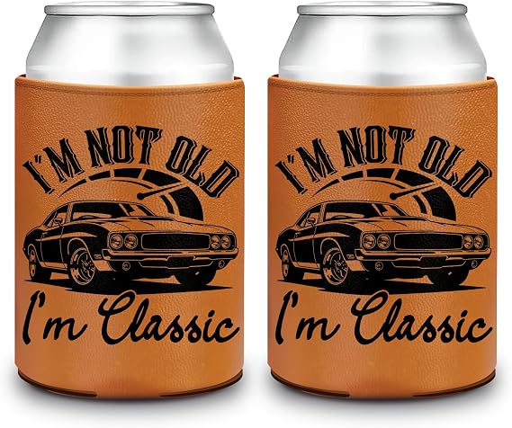 CUTHOLLOW I'm Not Old I'm Classic Can Cooler Sleeve, 2PCS Thicken Leather Universal Can Cooler Insulated 16 OZ, Father's Day Christmas Anniversaries Birthday Gag Gifts for Men, Father, Grandpa