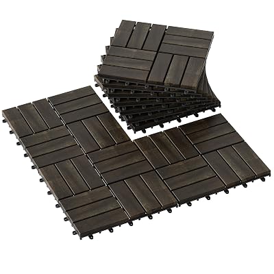Rovibek 10PCS Deck Tiles, Acacia Wood Interlocking Deck Tiles, Waterproof Decking Tiles for Outdoor Patio Flooring, 12 x 12 Balcony Backyard Poolside Indoor & Outdoor Deck Tiles, Checker Dark Brown