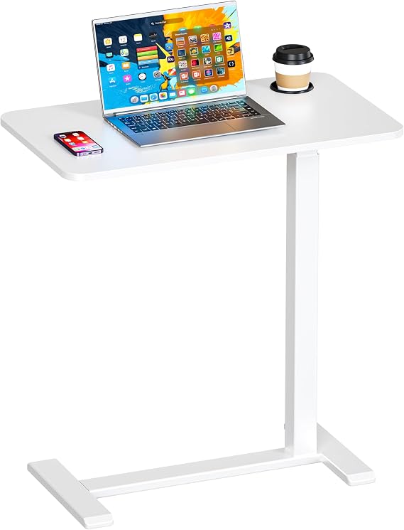 Okin Adjustable Bedside Table with Swivel Hidden Wheels Pneumatic Rolling Desk Mobile Standing Desk with Cup Holder for Hospital Home(27.6"x15.8" White)