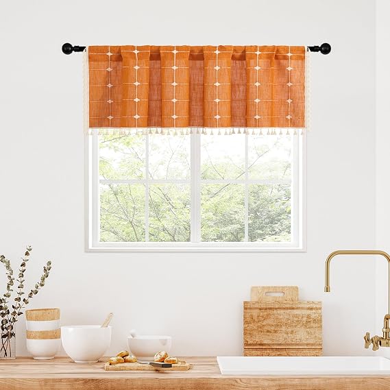 MitoVilla Boho Kitchen Valances 52W x 18L and Farmhouse Shower Curtain 72 x 72 Inch for Modern Bathroom Decor, 2 Item Bundle