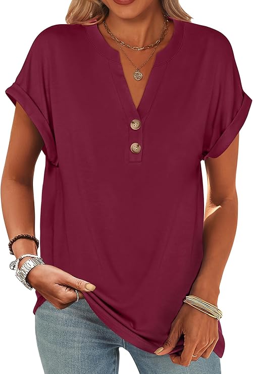 ANRABESS Womens Short Sleeve Henley Tops Summer Shirts Dressy Casual Blouse