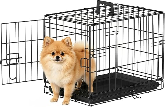 FDW | 18" Foldable Metal Dog Crate | Black | Cage for Small Dogs | Heavy Duty, Portable Wire Kennel with Single Door, Divider & Leak-Proof Tray | For Training, Home, Travel Indoor/Outdoor Use