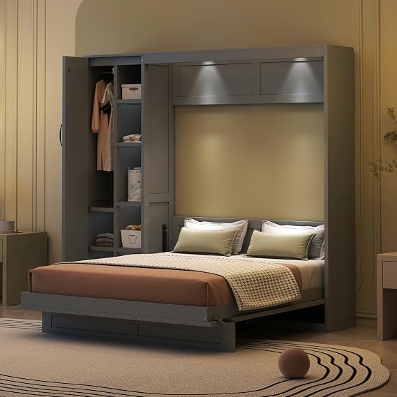 Linique Full Size Murphy Bed Wall Bed with Multiple Shelves,Wardrobe and LED Lights,Multifunctional Murphy Wall Bed Full with Storage(Gray)