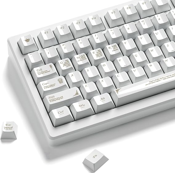 dagaladoo White Keycaps PBT 115 Keys,Glossy Cherry Profile Custom Key caps Set,Ceramic Key caps Style with Gold Lettering for 60% 65% 75% 100% Cherry Gateron MX Mechanical Keyboard