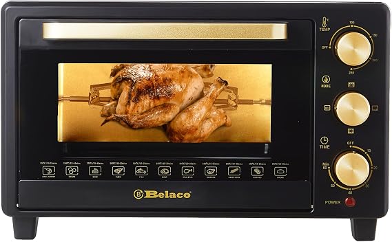 Belaco 23L Toaster Oven Tabletop Cooking Baking Portable Oven Rotiseerie1380w 60 min Timer with auto shut off 100-250° Stainless Steel Heating Tube incl. Baking Tray, Wire Rack, Handle, Rotisserie… [Energy Class A+]