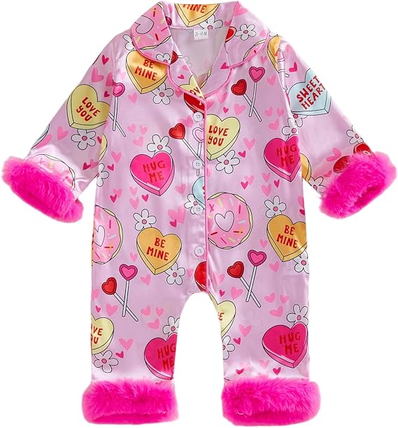 Kuriozud Newborn Baby Girl Valentines Pajamas Fuzzy Trim Long Sleeve Button Romper Pjs Cute Baby Girl Sleepwear