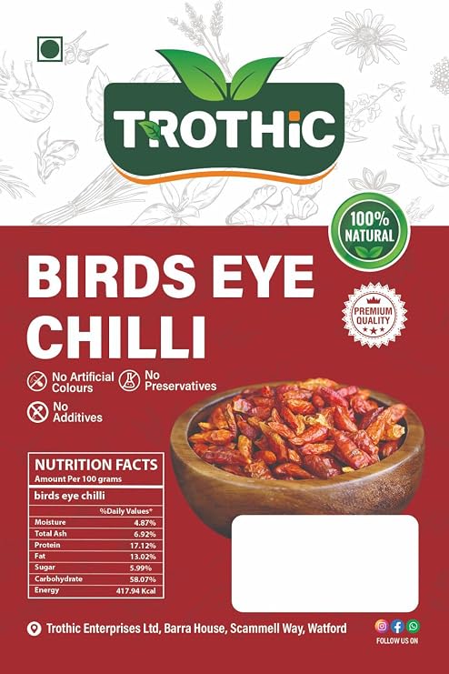 Trothic Spices Birds Eye Chilli | Dried | Jeerige Menasu | Thai Chilli | Kanthari Mulaku 50g