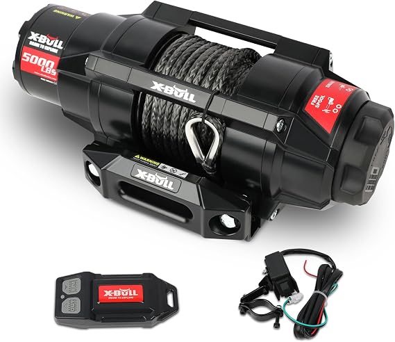 X-BULL 5000lbs Electric Winch - 12V DC Power Waterproof Synthetic Rope Winch with Hawse Fairlead, Wireless & Wired Remote with Mounting Plate for ATVUTV,Boat Trailer Winch