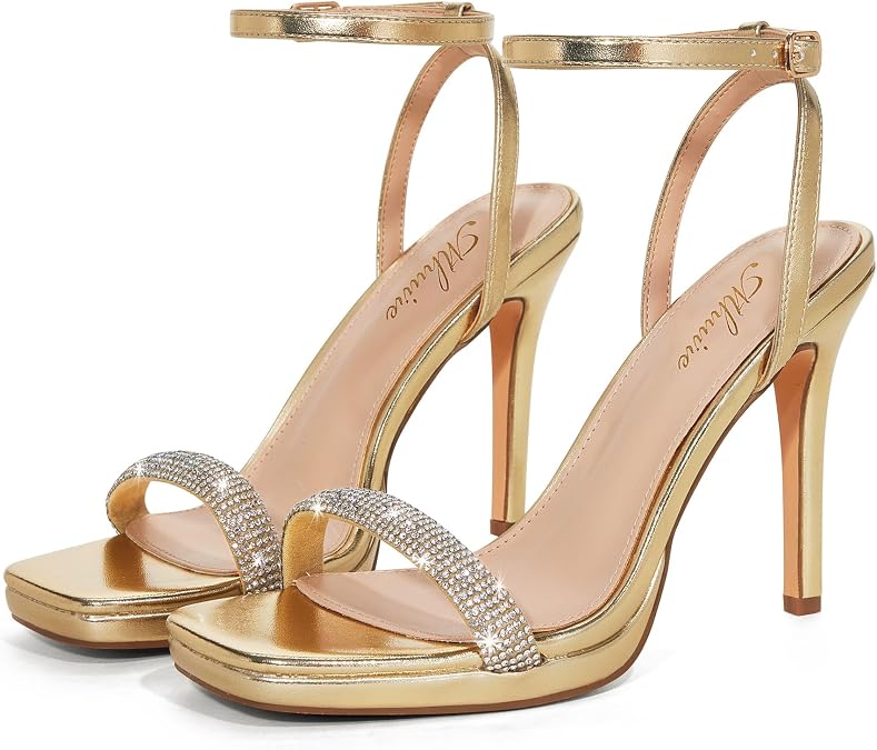 Womens Stiletto Strappy Heeled Sandals, 4.3 Inch Square Open Toe Sexy High Heels Ankle Strap Buckle Heels for Party Wedding Dress Daily Wear Shoes
