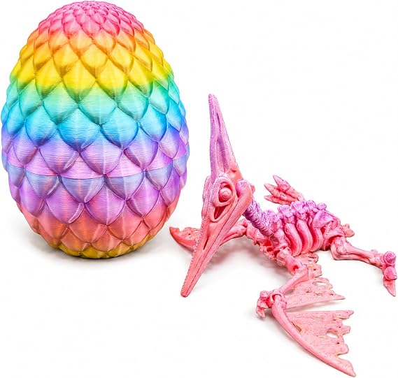 3D Printed Pterodactyl Skeleton Figure – Articulated Flying Dinosaur Toy with Movable Wings – Poseable Pterosaur Model with Dragon Egg, Prehistoric Reptile Collectible for Kids & Adults - Rainbow