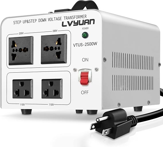 LVYUAN 2500W Step Up & Down Voltage Transformer 110/120V to 220/240V | 4 multi-socket(2US+2Universal), resettable MCB breaker, 8-fold safety shield, pure copper toroidal coil,CE&FCC certified