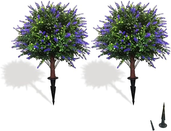Artificial Lavender Topiary Ball Trees,2 Sets of 25'' Fake Evergreen Plants with Ground Spike, UV Resistant Artificial Plants for Outdoor Indoor Garden Front Porch (Lavender)