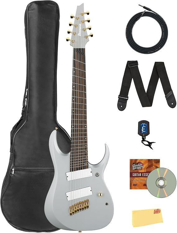 Ibanez RGDMS8 RGD Axe Design Lab 8-String Electric Guitar - Classic Silver Matte Bundle with Gig Bag, Tuner, Strap, Cable, Austin Bazaar Instructional DVD, and Polishing Cloth