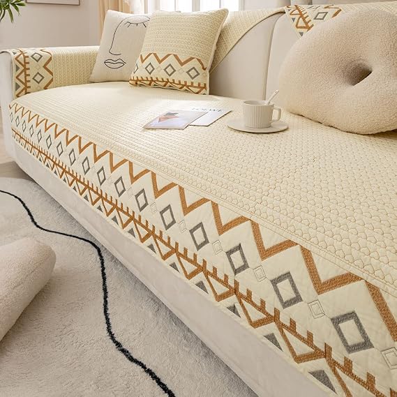 Farmhouse Embroidery Couch Sofa Cover Geometric Pattern Cotton Quilted Sectional Couch Cover Anti-Slip Soft Furniture Protector Sofa Slipcover for Living Room (Beige Yellow,28"x28")
