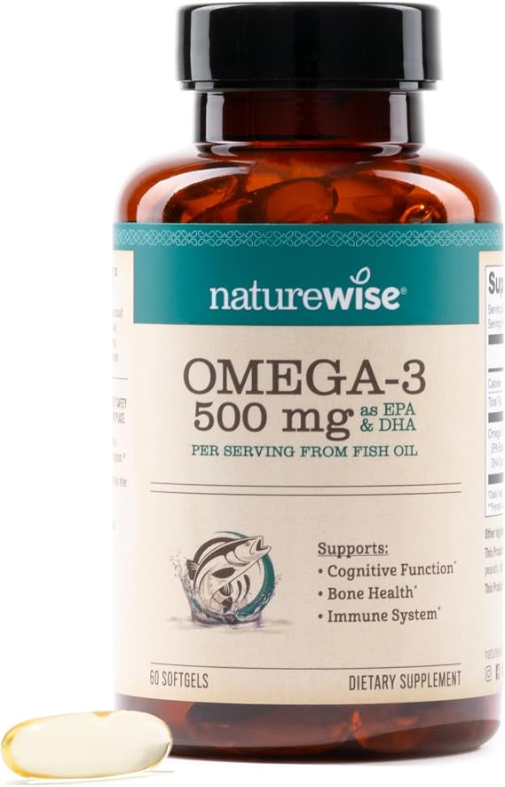 NatureWise Omega 3 Fish Oil - 500mg Omega 3 per Serving - 300mg EPA & 200mg DHA - Sustainably Sourced for Purity - Lemon Flavored - Burpless - Gluten & Soy Free, Non-GMO - 60 Softgels[2-Month Supply]