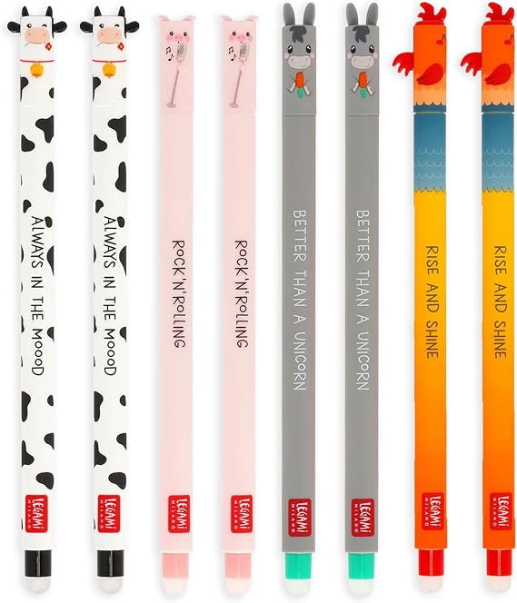 Legami Set of 8 Farm Sweet Farm Erasable Gel Pens, Pens with Erasable Thermosensitive Ink, Black, Pink, Green, Red, Erase Without Using Up the Paper, 0.7 mm Tip