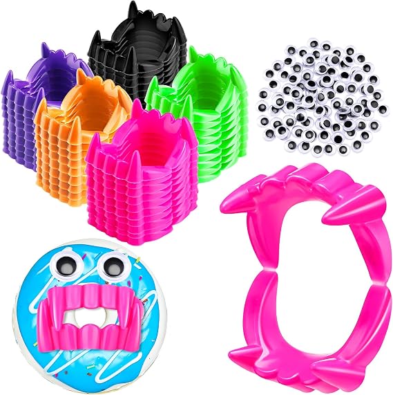 Hungdao 150 Pcs Fun Vampire Donuts Accessories Including 50 Halloween Teeth Vampire Fangs 100 Googly Eyes for DIY Dessert Donut Decoration Halloween(Multicolor)