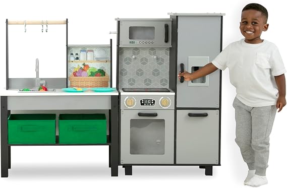 Delta Children Gourmet All-in-One Corner Play Kitchen - Toy Kitchen Playset with Safe & Heatless Stove with Lights, Oven, Sink, Fridge/Freezer with Ice Maker and 20 Accessories, Grey