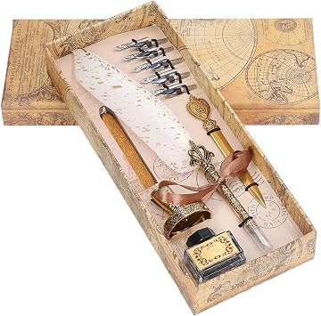 Quill Pen,Feather Pen Set,Retro Calligraphy Quill Pen with 10 Interchangeable Nib and Pen Holder Vintage Dip Ink Pen White Feather Pen for Couples Elders Teachers(White)