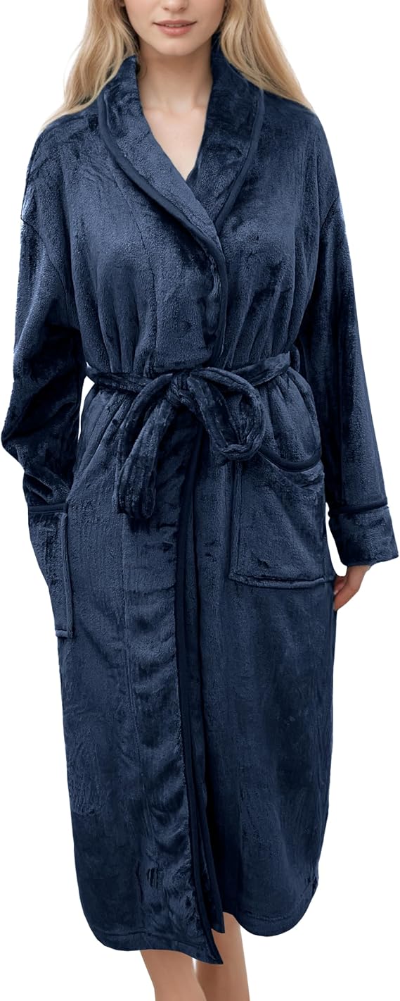 Elegant Comfort Luxurious Womens Spa Plush Fleece Bathrobe with Shawl Collar and Pockets - Velvet Soft Fluffy, Warm Long Robe