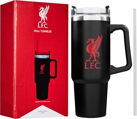 Get Trend Liverpool FC Insulated Tumbler 850ml, Stainless Steel Water Bottle with Straw & Handle, Cold for 12H Hot for 8H, Travel Coffee Mug, Football Gifts (Black Liverpool)