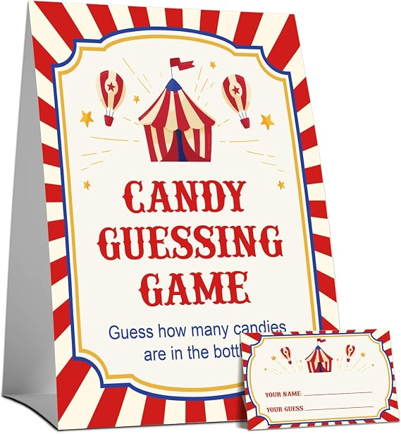 Carnival How Many Candies Games, Circus Theme How Many Game Set, Carnival Birthday Baby Shower Bridal Shower Wedding Party Game Activity Supplies, 1 Standing Sign and 50 Cards -03