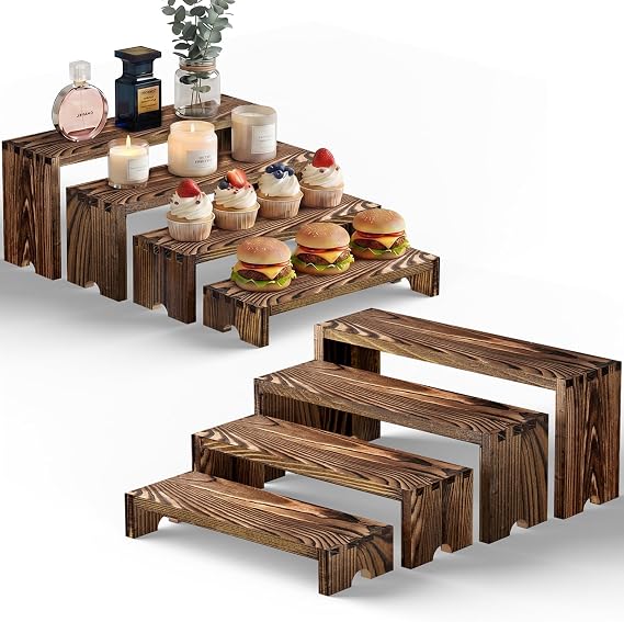 2 Set Wood Risers Tiered Display Stands Wooden Cupcake Stand Large Perfume Organizer Stackable Food Display Risers for Party Dessert Table Cologne Organizer Wood Risers for Decor Vendor, Brown