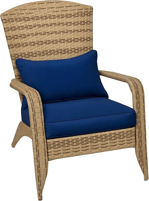 Outsunny Patio Wicker Adirondack Chair Outdoor Dark Blue | All-Weather Rattan Fire Pit Chair, Soft Cushions, Tall Curved Backrest, Comfortable Armrests, for Deck or Garden