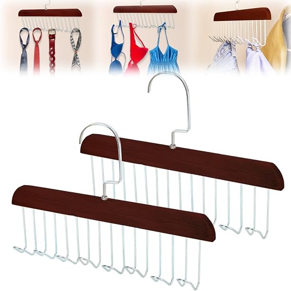 2Pcs Anti Slip Multi Hook Coat Racks,Bra Hangers for Closet Organizer with 8 Hooks 360 Swivel Belt Hanger for Closet for Belt, Tie, Tank Top, Bra, Scarf (Brown)