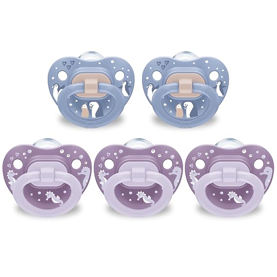 NUK First Choice Classic Orthodontic Baby Pacifier, 6-18 Months Baby Pacifier, Purple & Blue, Baby Must Haves, 5-Pack