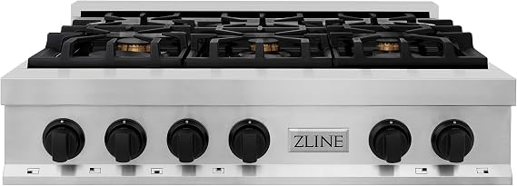 ZLINE Autograph Edition 36 in. Classic Gas Rangetop with 6 Burners and Porcelain Cooktop in Stainless Steel with Matte Black Accents (RTZ-36-MB)