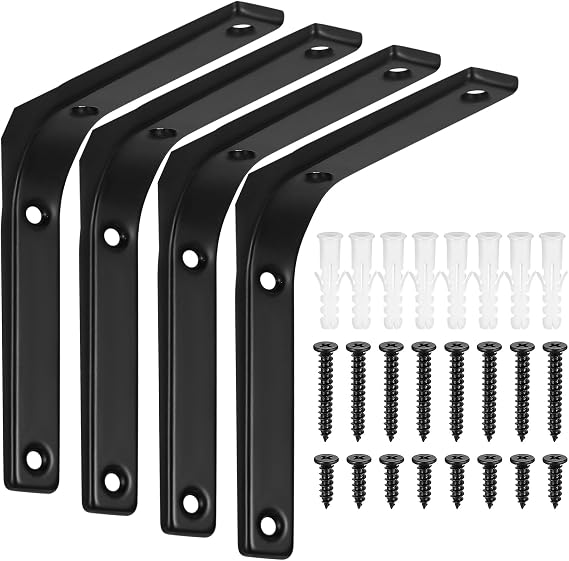 4 Pcs Black Heavy Duty Metal L Brackets for Shelves, Wall Hanging Wooden Board Supports, 5x5 Inch