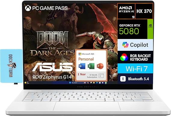 ASUS ROG Zephyrus G14 AI Gaming Laptop 14.0" 2.8K (AMD Ryzen AI 9 HX 370, GeForce RTX 5080 16GB, 32GB LPDDR5X, 8TB PCIe SSD, Win 11 Home) w/MS 365 Personal, DKZ USB Port Expander