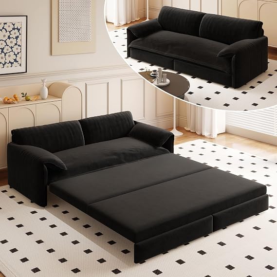 GNIXUU 66" Queen Size Pull Out Sofa Bed, Velvet Convertible Sleeper Sofa Couch with Side Storage, Comfy Loveseat Bed Pull Out Couch for Living Room, Apartment, Small Space(Black)