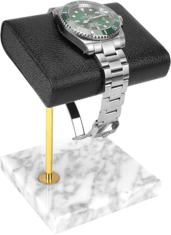 Vegan Leather Watch Display Stand Holder, Single Watch Holder Watch Stand, Watch Holder with Marble Base (White)