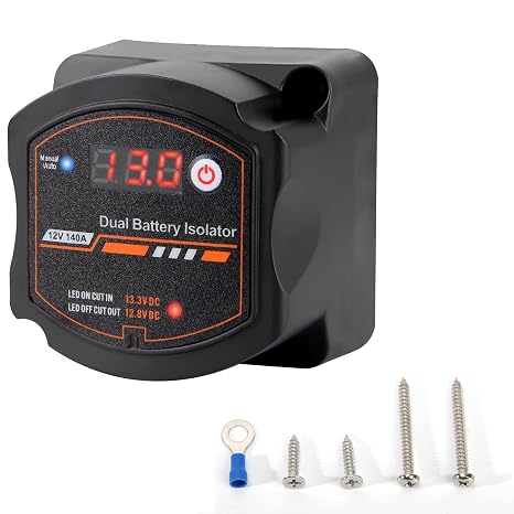 Dual Battery Isolator 12V 140 Amp with Voltage Display Auto & Manual Mode Voltage Sensitive Relay (VSR) Auto Charger Truck Smart Battery Isolator for ATV UTV Truck Marine RV
