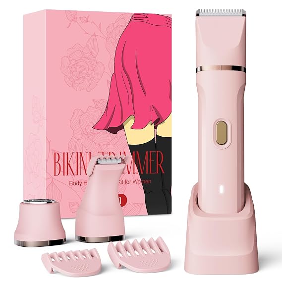 Bikini Trimmer for Women, Dovety 3 in 1 Painless Electric Razors for Women, Rechargeable Pubic Hair Trimmer Electric Shaver for Legs Body Facial Hair, IPX7 Waterproof, Ceramic Blade, USB Charge Dock