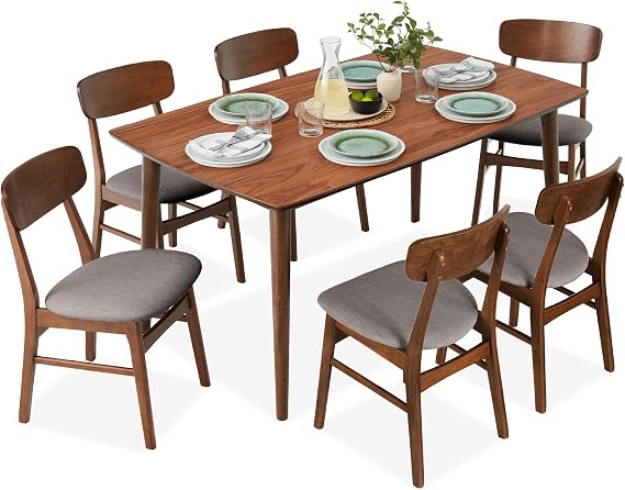 Best Choice Products 7-Piece Wooden Dining Room Table Set, Mid-Century Modern, Kitchen Table w/ 6 Chairs, Upholstered Cushions, Curved Backrests, Rounded Table Corners - Walnut/Gray