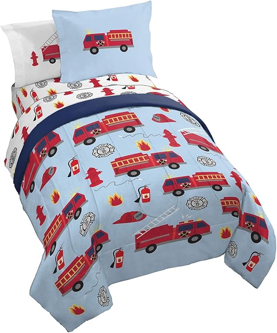 Trend Collector Fire Truck Twin Comforter Set 5 Piece Kids Bedding, Blue