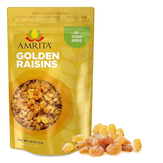 Amrita Dried Golden Raisins 4 lb -Vegan Naturally Sweet Dried Grapes Snacks | Yellow & White Raisins Packed Fresh in a Resealable Bag, Gluten free, Naturally Flavorful and Convenient for Daily Snacking