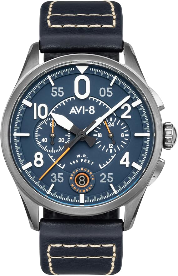 AVI-8 Spitfire Mens Watch - 42mm Stainless Steel Case, Japanese Quartz Movement, Genuine Leather Strap, Watches for Men, Lock Chronograph, Channel Blue - AV-4089-04