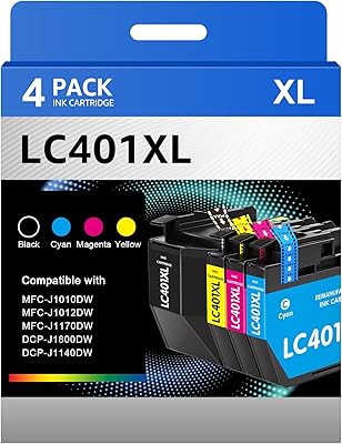 LC401XL LC401 Ink Cartridges Compatible for Brother Ink Cartridges LC401 XL to use with Brother MFC-J1010DW MFC-J1012DW MFC-J1170DW Printer Ink Black Cyan Magenta Yellow, 4 Pack