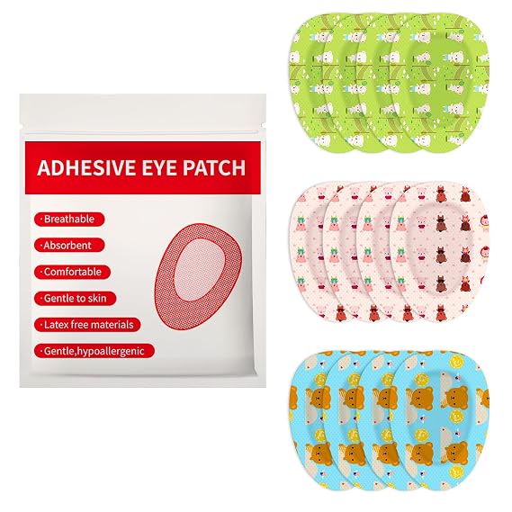 Cute Adhesive Eye Patches for Kids Girls Boys with 3 Different Designs Disposable Eye Patch Pad for Amblyopia, Lazy Eye(60 Count)