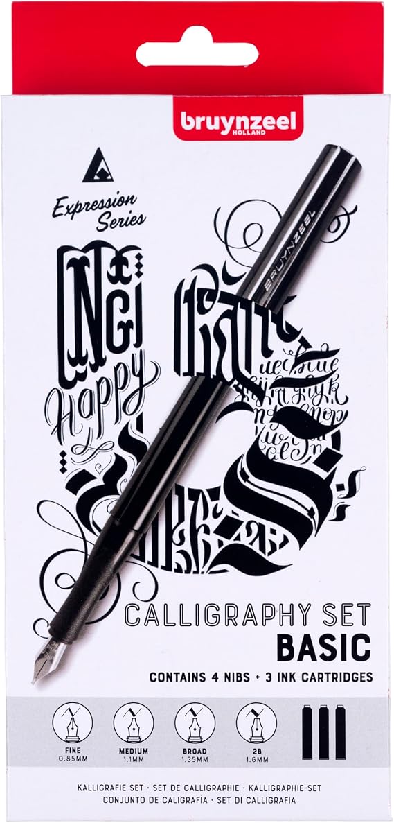 Bruynzeel Basic Calligraphy Set | Beginner Calligraphy | Fountain Pen Set with 4 Nibs, 3 Black Ink Cartridges, Ink Converter + Instructions